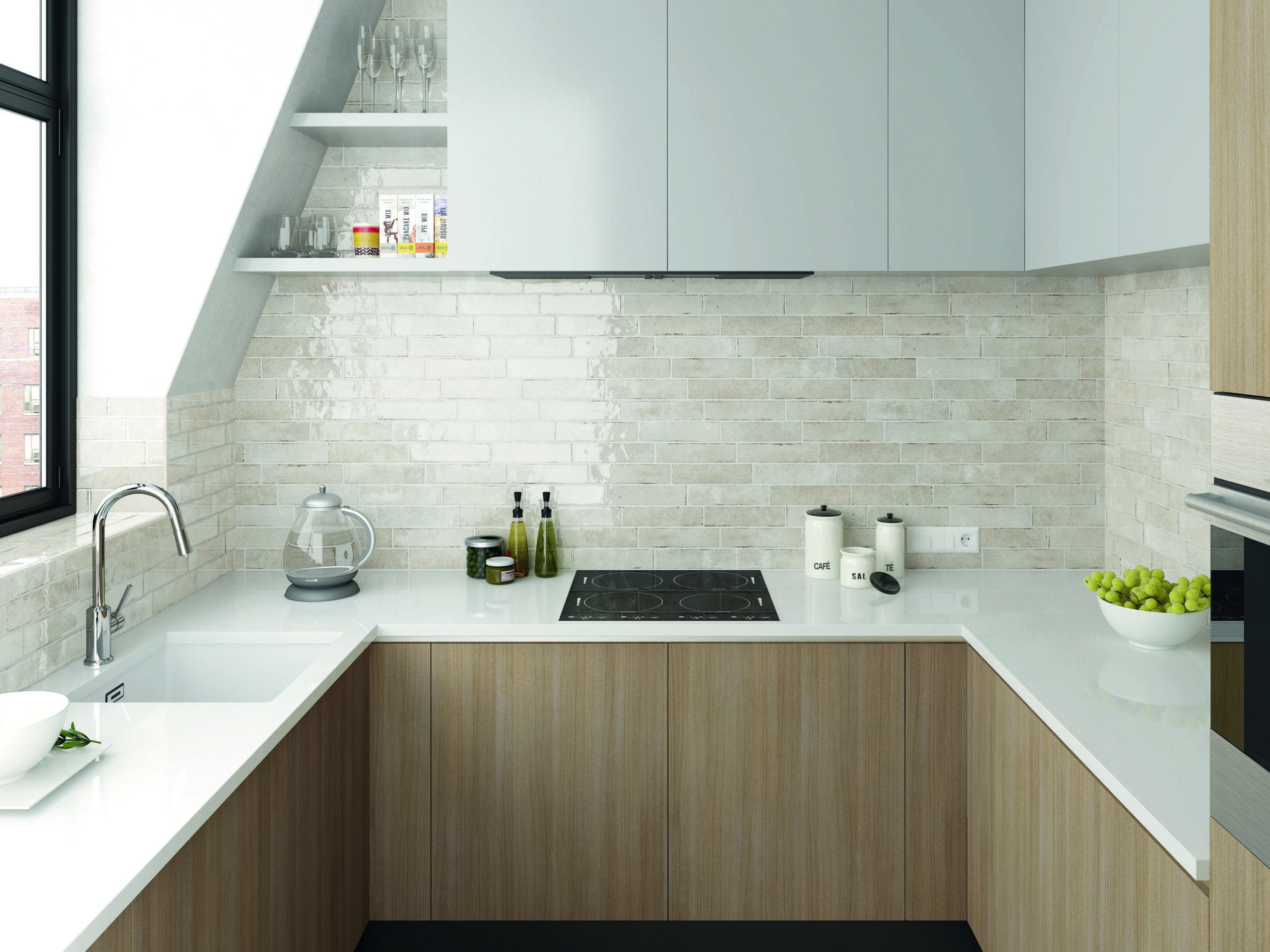 This contemporary kitchen features a light brown handmade-look subway tile backsplash.