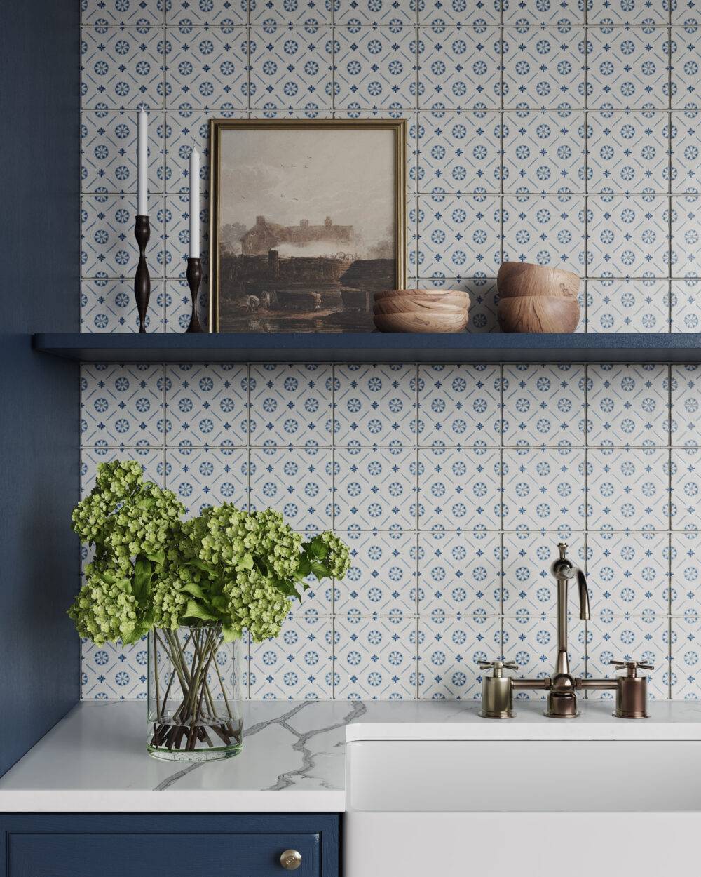A cottage chic kitchen with a delicate blue flower pattern on the crisp white background.