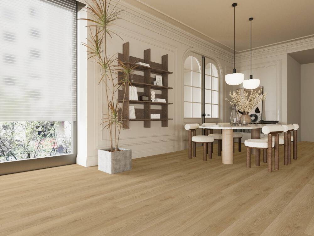This bright and open living area features a blonde wood-look luxury vinyl plank flooring.